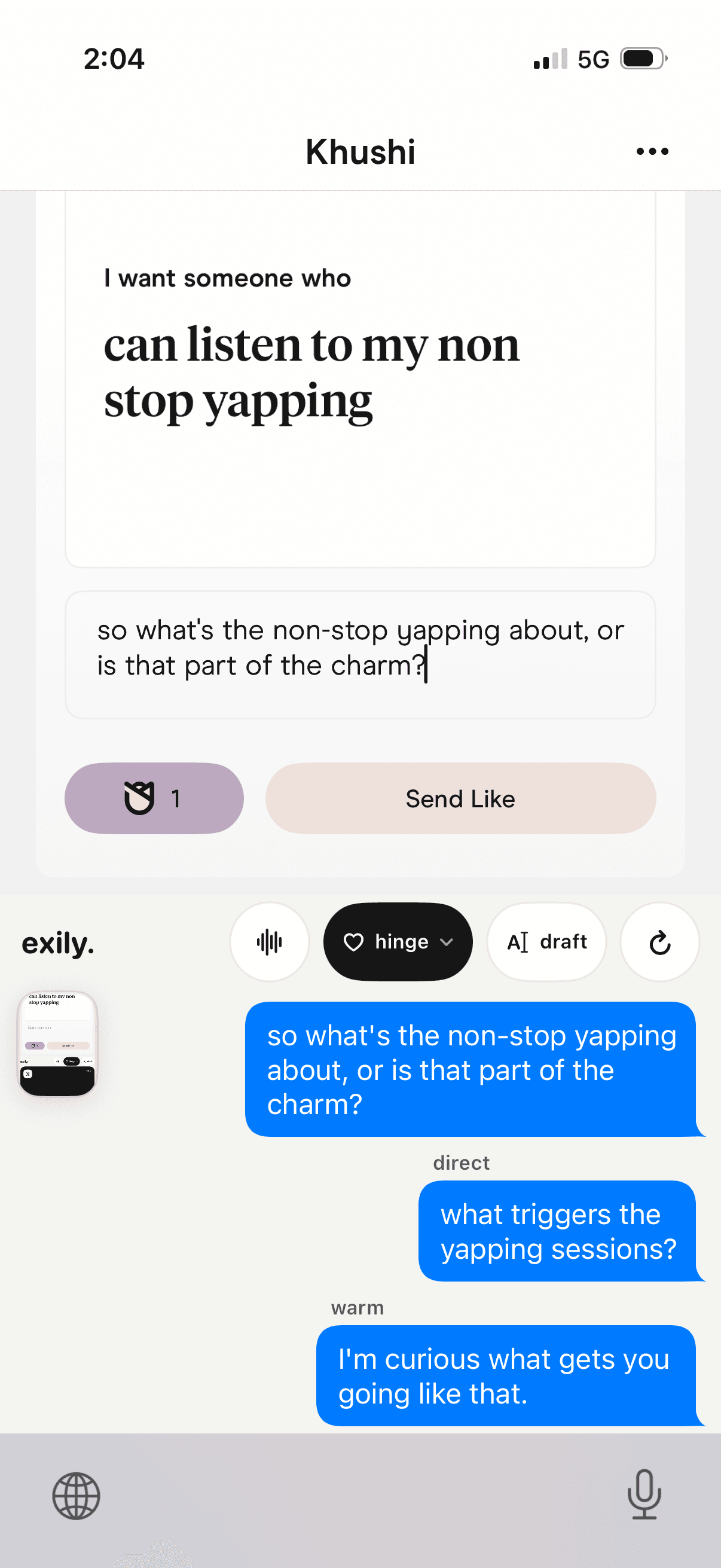 Exily offering reply suggestions inside a Hinge conversation