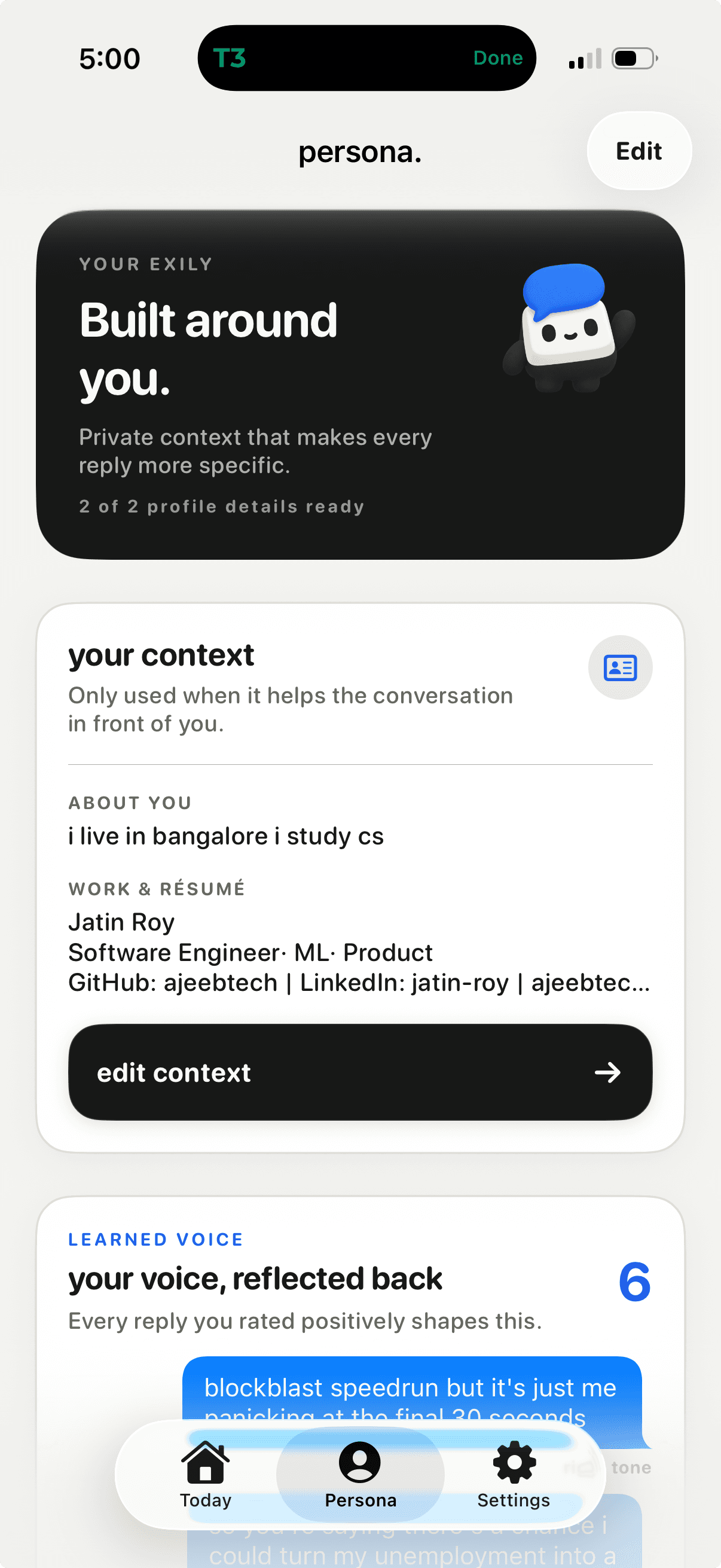 Exily Persona screen with context, communication style, and learned voice